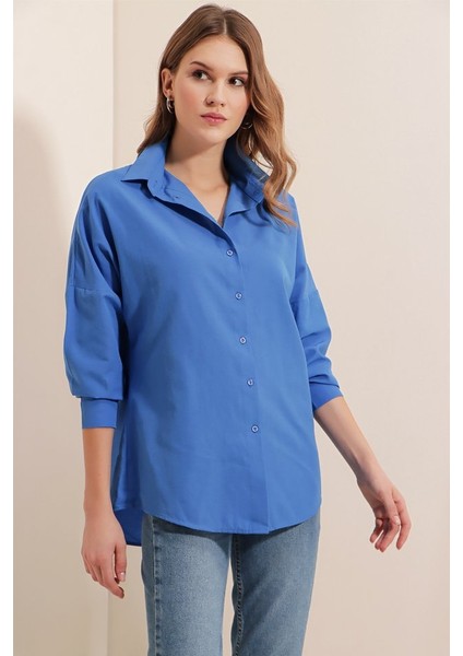 3900 Oversize Uzun Basic Gömlek - B.mavi