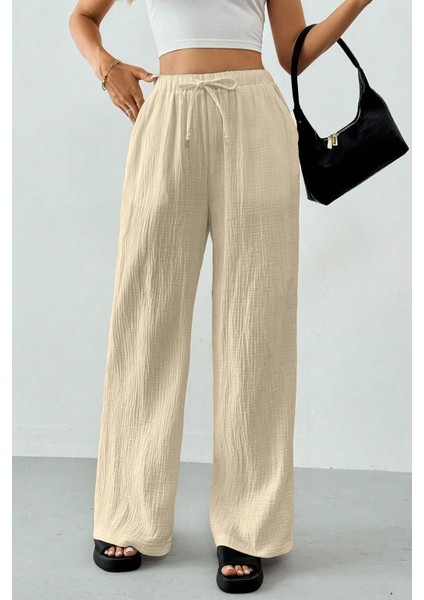 Kadın %100 Cotton Müslin Ultra Hafif Palazzo Model Geniş Paça Keten Karışım Pantolon