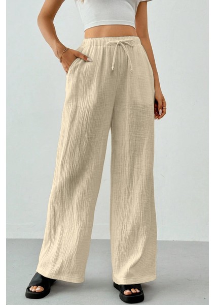 Kadın %100 Cotton Müslin Ultra Hafif Palazzo Model Geniş Paça Keten Karışım Pantolon fiyatları