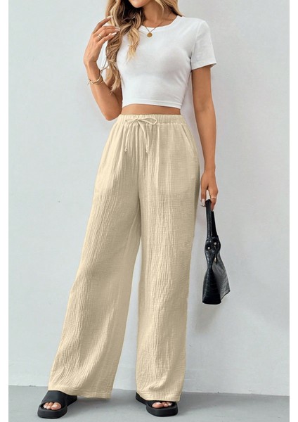 Kadın %100 Cotton Müslin Ultra Hafif Palazzo Model Geniş Paça Keten Karışım Pantolon fırsatları