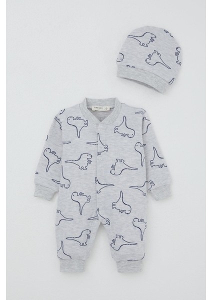 Erkek Bebek Patikli Tulum Sevimli Dinozor Desenli 0-6 Ay, Açık Gri Melanj