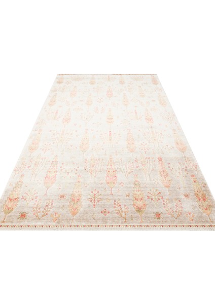 Çiçekli Bej Tensel Dikdörtgen Modern Desenli Akrilik Hav Vermeyen Leke Tutmayan Kolay Temizlenen Yumuşak Makine Salon Yolluk Mutfak Halı