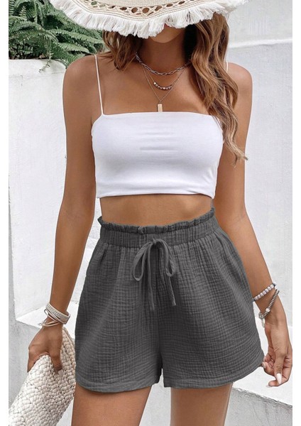 Kadın Cotton Müslin Tatil Ev Içi/dışı Kullanım Cepsiz Beli Bağcıklı Şort