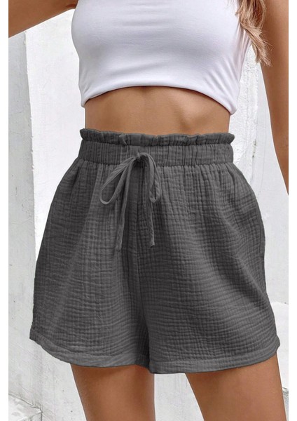 Kadın Cotton Müslin Tatil Ev Içi/dışı Kullanım Cepsiz Beli Bağcıklı Şort modelleri