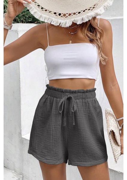 Kadın Cotton Müslin Tatil Ev Içi/dışı Kullanım Cepsiz Beli Bağcıklı Şort indirimleri