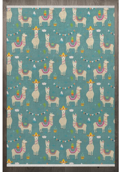 Figürlü Yeşil Pamuk Dikdörtgen Modern Desenli Pamuk Makinada Yıkanabilir Hav Toz Vermez Leke Tutmayan Kaymaz Taban Dijital Makine Baskı Salon Yolluk Mutfak Halı