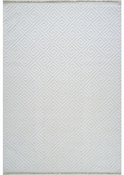 Beyaz Geometrik Etnik Modern Desenli Hav Vermeyen Leke Tutmayan Kolay Temizlenen Yumuşak Makine Salon Yolluk Mutfak Halı