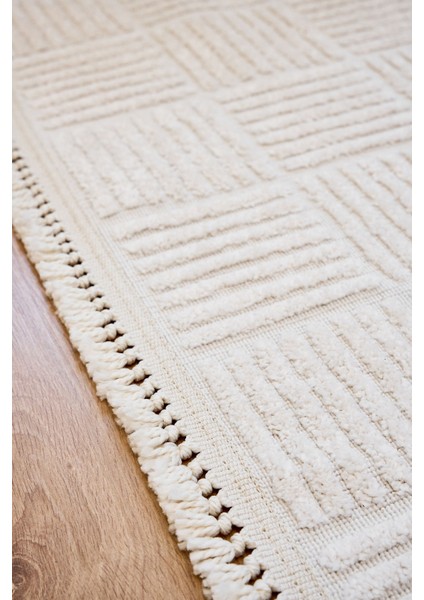 Beyaz Geometrik Etnik Modern Desenli Hav Vermeyen Leke Tutmayan Kolay Temizlenen Yumuşak Makine Salon Yolluk Mutfak Halı