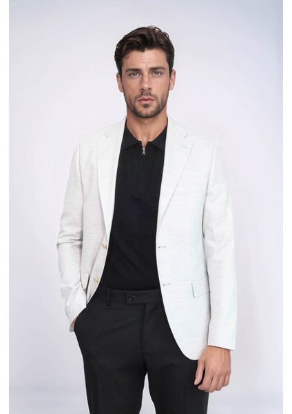 Açık Gri Balıksırtı Desenli Gold Renk Metal Düğmeli Slim Fit Erkek Blazer Ceket - Wessi