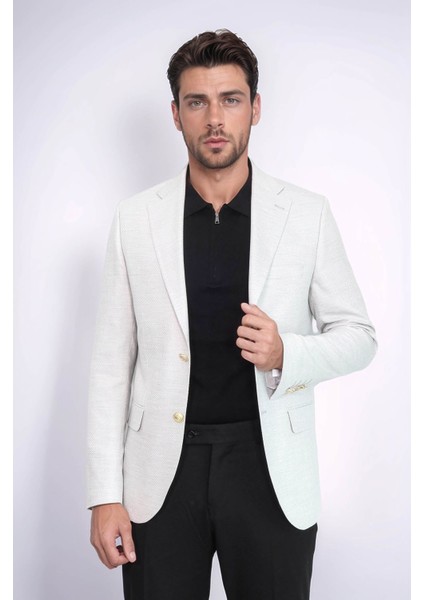 Açık Gri Balıksırtı Desenli Gold Renk Metal Düğmeli Slim Fit Erkek Blazer Ceket - Wessi modelleri