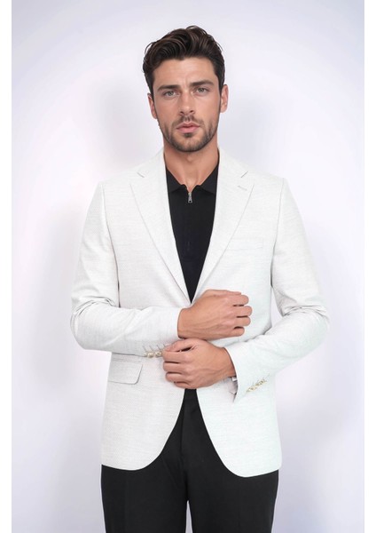 Açık Gri Balıksırtı Desenli Gold Renk Metal Düğmeli Slim Fit Erkek Blazer Ceket - Wessi