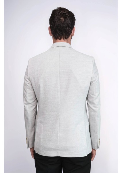 Açık Gri Balıksırtı Desenli Gold Renk Metal Düğmeli Slim Fit Erkek Blazer Ceket - Wessi