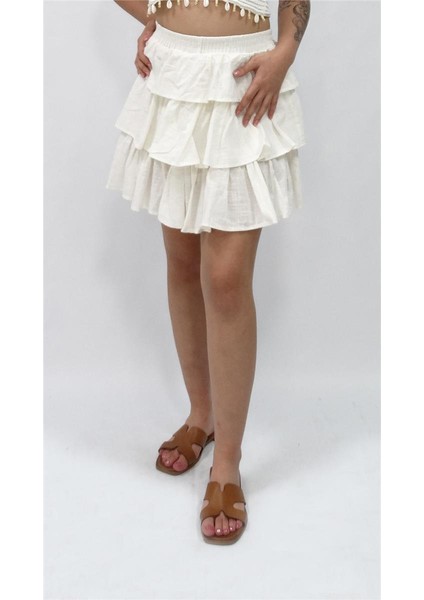 Kadın Nisan Fırfırlı Keten Etek