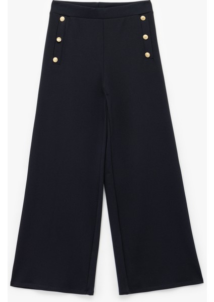Düğme Detaylı Uzun Geniş Paça Kumaş Pantolon
