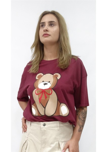 Kadın Ön Ayıcık Baskılı Owersize Tshirt