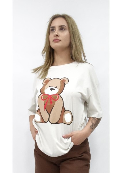 Kadın Ön Ayıcık Baskılı Owersize Tshirt