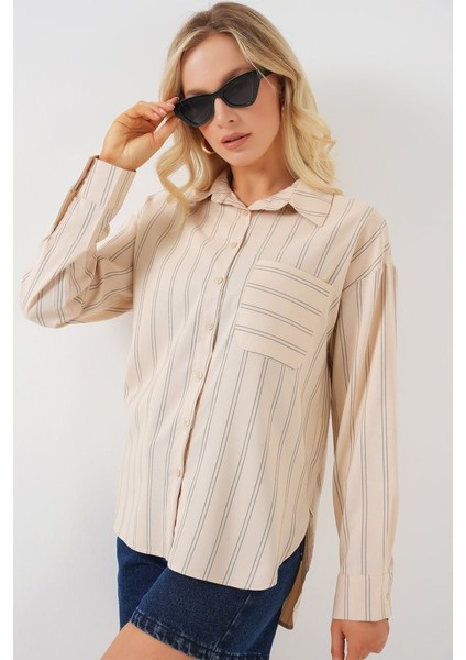 20143 Cepli Oversize Gömlek - Krem modelleri