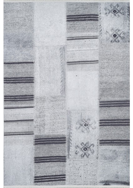 Bialogard Gri Patchwork Etnik Modern Desenli Makinada Yıkanabilir Hav Toz Vermez Leke Tutmayan Kaymaz Taban Dijital Makine Baskı Salon Yolluk Mutfak Halı