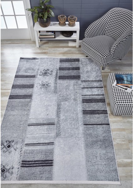 Bialogard Gri Patchwork Etnik Modern Desenli Makinada Yıkanabilir Hav Toz Vermez Leke Tutmayan Kaymaz Taban Dijital Makine Baskı Salon Yolluk Mutfak Halı fiyatları