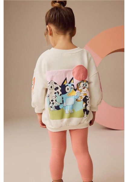 Kız Çocuk 3 Iplik Pamuklu Kumaş Bluey Baskılı Sweatshirt ve Tayt Alt Üst Takım
