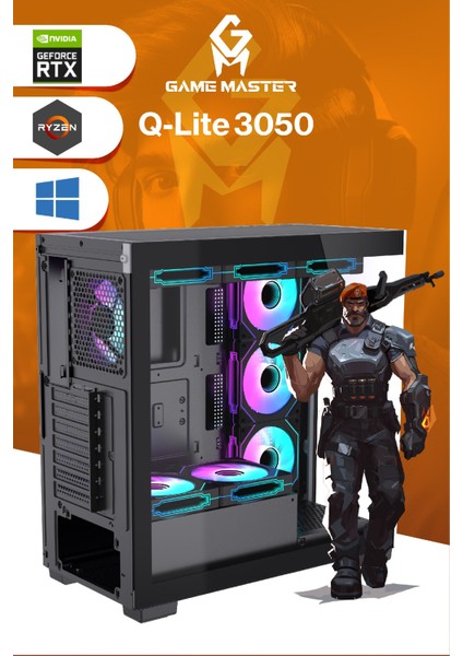 Qlite 3050 Amd R5 5600 Cpu 16GB Ddr4 Ram 512GB M.2 SSD RTX3050 7x Argb Fan Siyah Gaming Pc modelleri