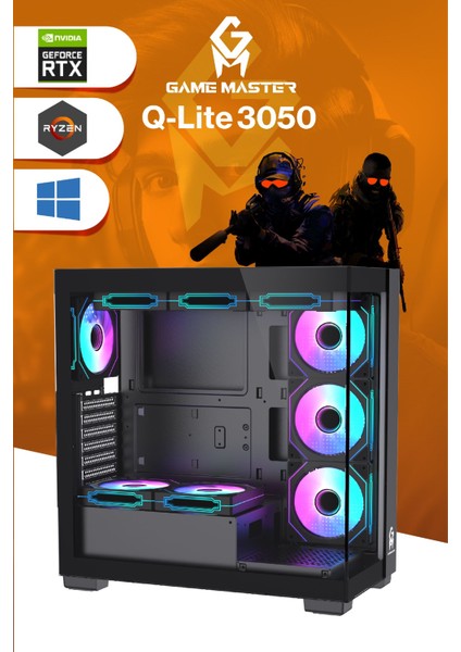Qlite 3050 Amd R5 5600 Cpu 16GB Ddr4 Ram 512GB M.2 SSD RTX3050 7x Argb Fan Siyah Gaming Pc indirimleri