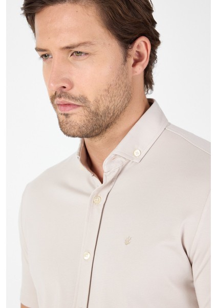 Gri Kısa Kol Düğmeli Yaka Cepsiz Performans Ürün Slim Fit Gömlek 1004250256