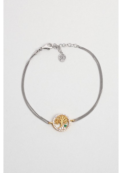 Minimal Hayat Ağacı 18 Ayar Sarı ve Beyaz Altın Kaplama 19 cm Gümüş Bileklik