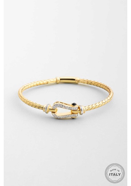 Italyan 18 Ayar Sarı Altın Kaplama Gümüş Kelepçe Bileklik