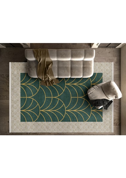 Çerçeveli Yeşil Pamuk Dikdörtgen Modern Desenli Pamuk Makinada Yıkanabilir Hav Toz Vermez Leke Tutmayan Kaymaz Taban Dijital Makine Baskı Salon Yolluk Mutfak Halı fiyatları