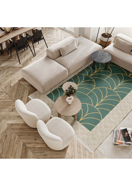 Çerçeveli Yeşil Pamuk Dikdörtgen Modern Desenli Pamuk Makinada Yıkanabilir Hav Toz Vermez Leke Tutmayan Kaymaz Taban Dijital Makine Baskı Salon Yolluk Mutfak Halı fırsatları