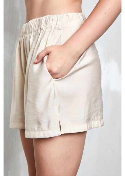 Bej Modal Kumaş Oversize Gömlek/şort Alt-Üst Takım 27376