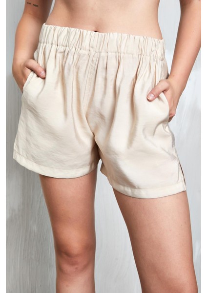 Bej Modal Kumaş Oversize Gömlek/şort Alt-Üst Takım 27376