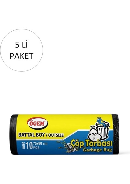 Battal Boy Çöp Torbası 75 x 90 cm 10 Lu Rulo x 5 Paket = 50 Adet (Siyah)