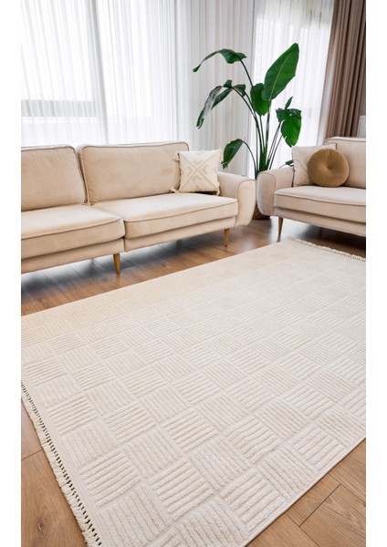 Beyaz Geometrik Etnik Modern Desenli Hav Vermeyen Leke Tutmayan Kolay Temizlenen Yumuşak Makine Salon Yolluk Mutfak Halı