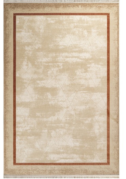 Ghazal Çerçeveli Bej Akrilik Dikdörtgen Modern Desenli Akrilik Hav Vermeyen Leke Tutmayan Kolay Temizlenen Yumuşak Makine Salon Yolluk Mutfak Halı