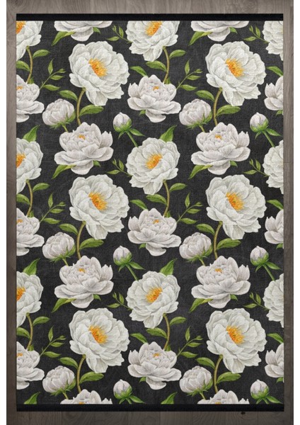 Çiçekli Beyaz Pamuk Dikdörtgen Modern Desenli Pamuk Makinada Yıkanabilir Hav Toz Vermez Leke Tutmayan Kaymaz Taban Dijital Makine Baskı Salon Yolluk Mutfak Halı