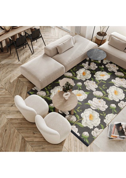 Çiçekli Beyaz Pamuk Dikdörtgen Modern Desenli Pamuk Makinada Yıkanabilir Hav Toz Vermez Leke Tutmayan Kaymaz Taban Dijital Makine Baskı Salon Yolluk Mutfak Halı fırsatları
