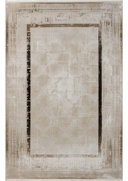 Frieda Çerçeveli Bej Mikrofiber Dikdörtgen Modern Desenli Akrilik Hav Vermeyen Leke Tutmayan Kolay Temizlenen Yumuşak Makine Salon Yolluk Mutfak Halı