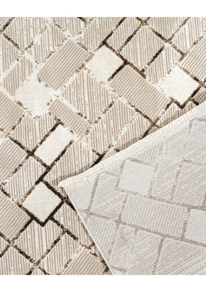Selina Geometrik Bej Mikrofiber Dikdörtgen Modern Desenli Akrilik Hav Vermeyen Leke Tutmayan Kolay Temizlenen Yumuşak Makine Salon Yolluk Mutfak Halı