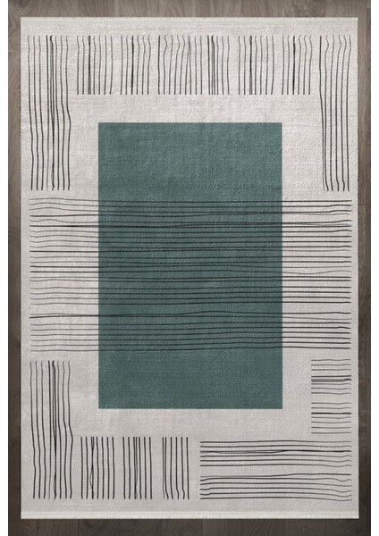 Geometrik Yeşil Pamuk Dikdörtgen Modern Desenli Pamuk Makinada Yıkanabilir Hav Toz Vermez Leke Tutmayan Kaymaz Taban Dijital Makine Baskı Salon Yolluk Mutfak Halı