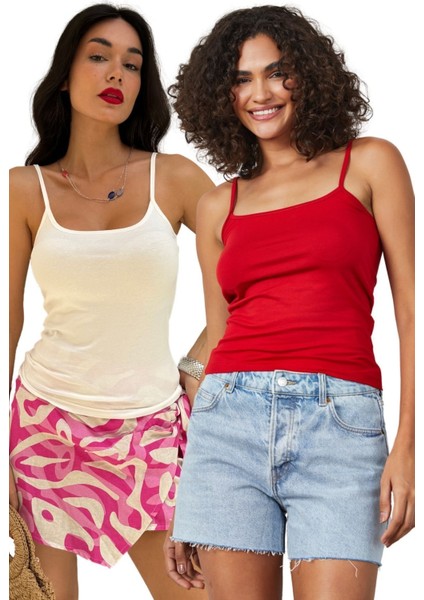 Kırmızı Ekru 2'li Ince Ip Askılı Pamuklu Basic Atlet 27274