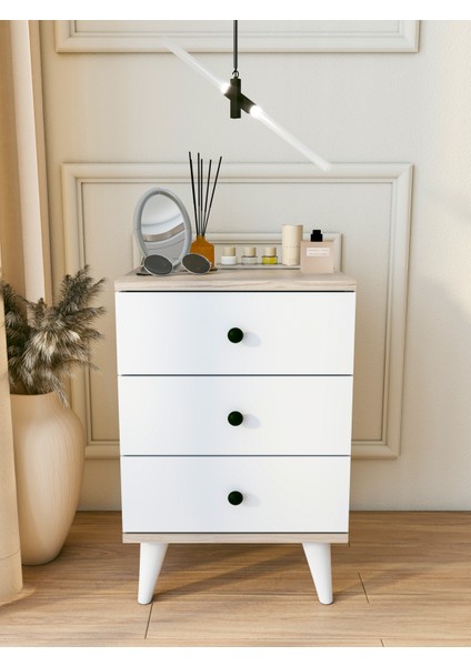 Komodin Parlak Beyaz Cordoba 3 Çekmeceli Modern Komodin Yatak Odası