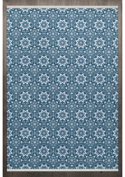 Çiçekli Mavi Pamuk Kare Modern Desenli Pamuk Makinada Yıkanabilir Hav Toz Vermez Leke Tutmayan Kaymaz Taban Dijital Makine Baskı Salon Yolluk Mutfak Halı