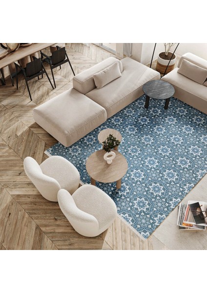 Çiçekli Mavi Pamuk Kare Modern Desenli Pamuk Makinada Yıkanabilir Hav Toz Vermez Leke Tutmayan Kaymaz Taban Dijital Makine Baskı Salon Yolluk Mutfak Halı fırsatları