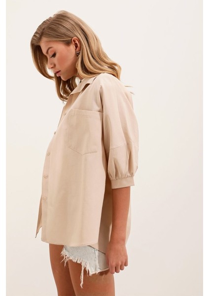 20213 Oversize Kısa Kol Basic Gömlek - Krem