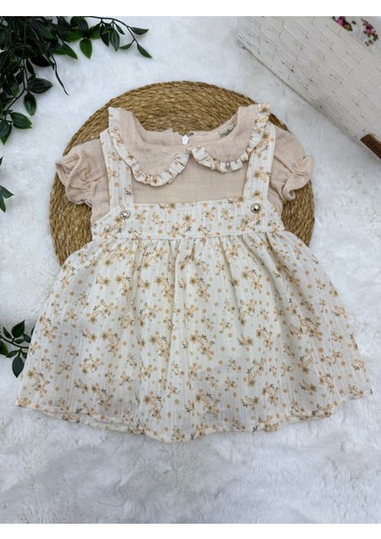 Kız Bebek Yaka Detaylı %100 Pamuklu Çiçek Desenli Elbise