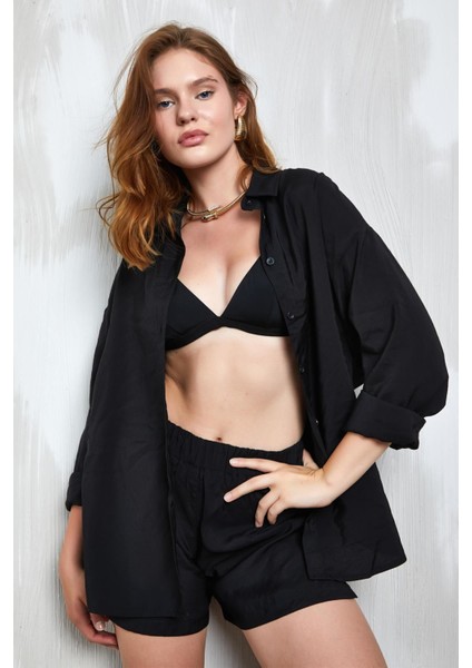 Siyah Modal Kumaş Oversize Gömlek/şort Alt-Üst Takım 27376
