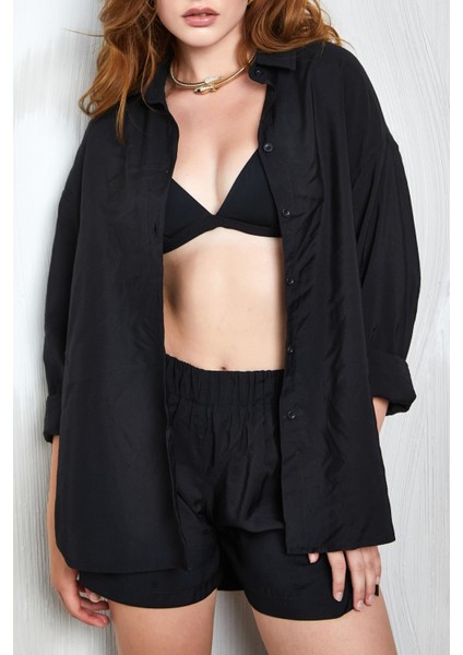 Siyah Modal Kumaş Oversize Gömlek/şort Alt-Üst Takım 27376 fiyatları