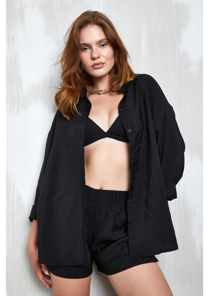 Siyah Modal Kumaş Oversize Gömlek/şort Alt-Üst Takım 27376 modelleri
